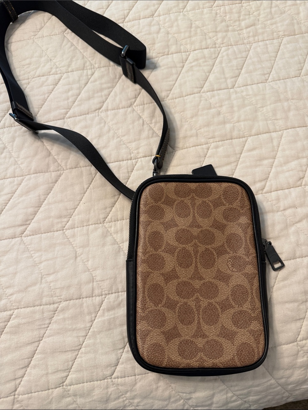 Coach Brown Signature Crossbody Phone Bag with Black Trim